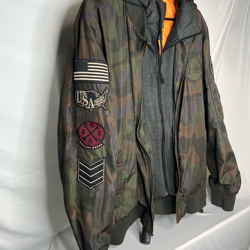 American Rag Full-Zip Embroidered Patch Camo/Grey/Black Hoodie